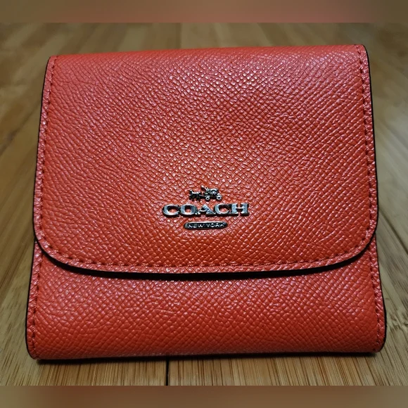 Coach Trifold Snap Small Wallet Coin Orange Crossgrain Pebbled Leather Zipper - Picture 1 of 11